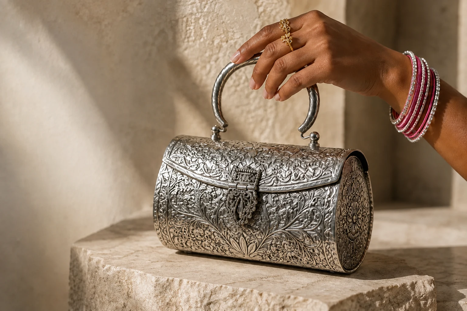 Close editorial view of a hand holding an intricately engraved silver clutch