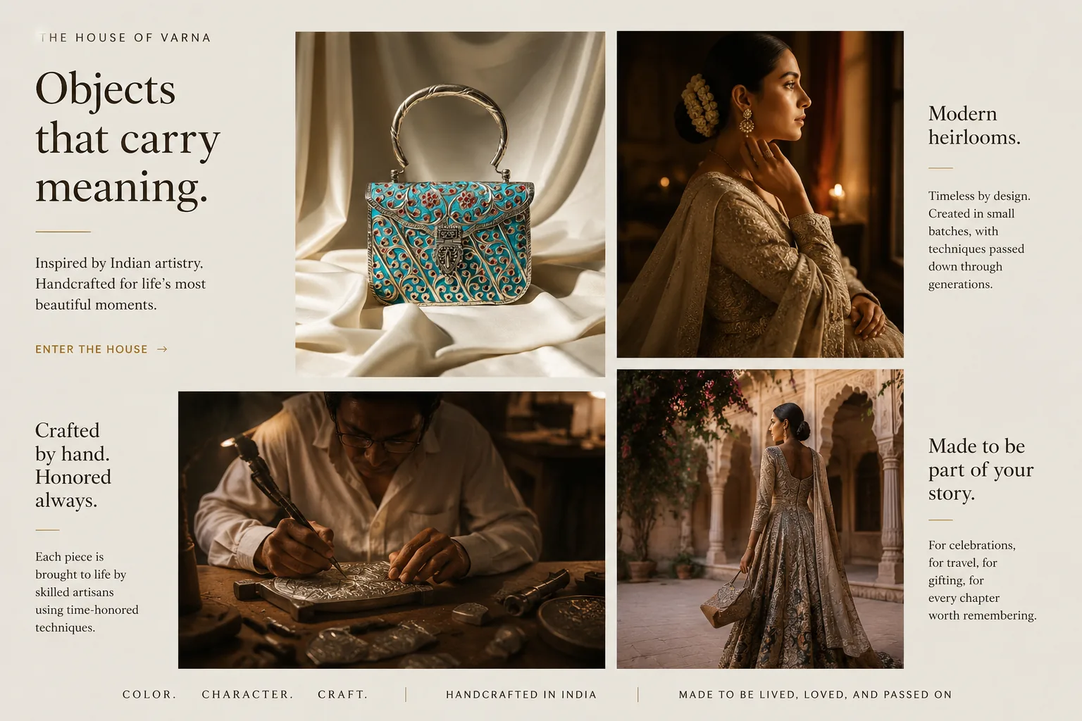 The House of VARNA editorial introduction featuring handcrafted clutches, craft and contemporary style