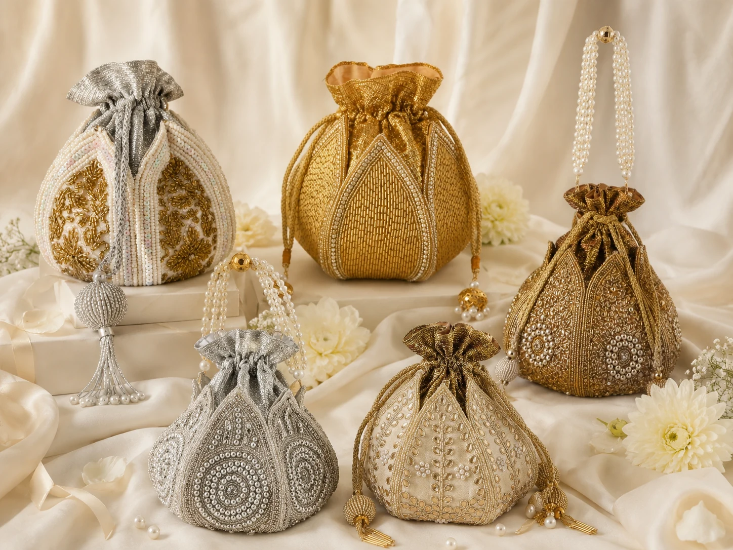 Five embellished VARNA potli bags arranged together in ivory, gold, and silver tones