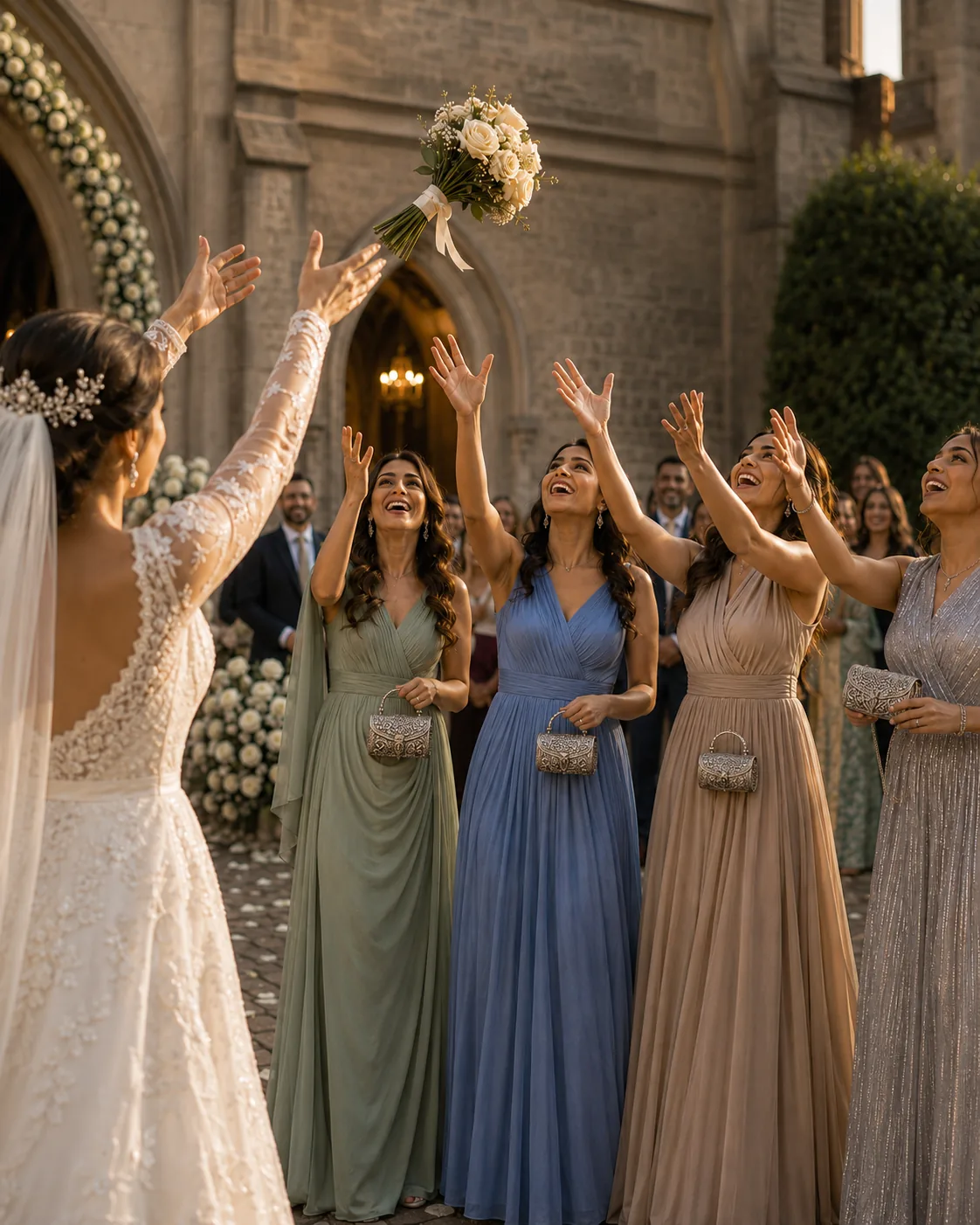 Bride tossing her bouquet toward bridesmaids carrying coordinated approximately 8 by 5 inch silver VARNA clutches outside a church