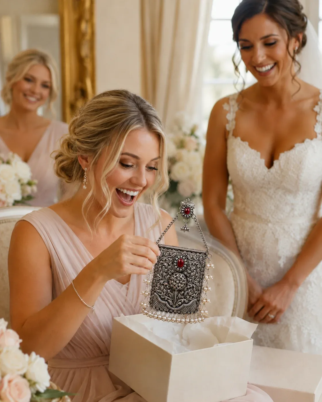 Blonde bridesmaid opening a silver Manikya wedding gift beside the bride